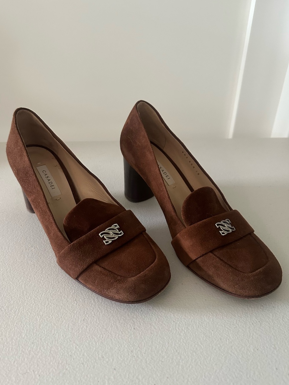 Casadei Brown Suede Loafer Pumps with Silver-Tone Logo